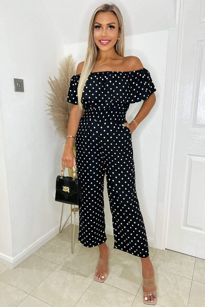 Black And White Polka Dot Bardot Jumpsuit AX Paris