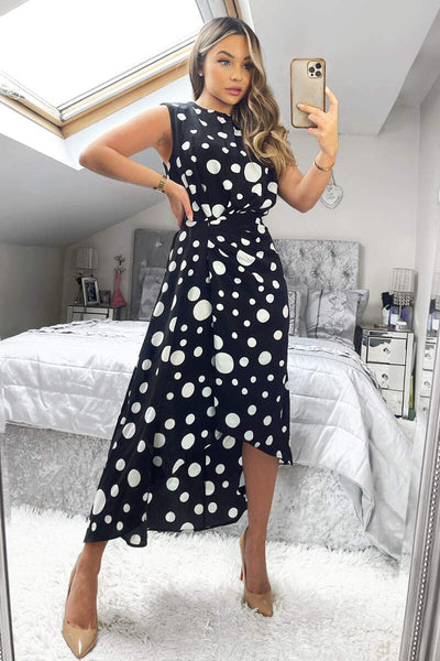 Black And White Polka Dot Gathered Midi Dress AX Paris