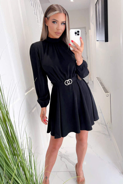 Black High Neck Long Puff Sleeve Belted Skater Dress AX Paris