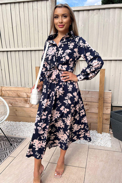 Navy And Pink Floral Button Up Midi Shirt Dress AX Paris