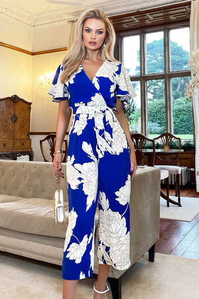 Blue And Cream Floral Printed Butterfly Sleeve Belted Jumpsuit AX Paris