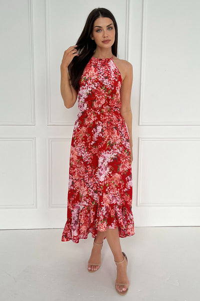 Red Floral Printed Frill Hem High Neck Midi Dress – AX Paris