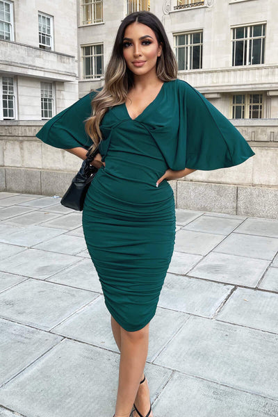 Teal Ruched Batwing Short Sleeve Midi Dress AX Paris