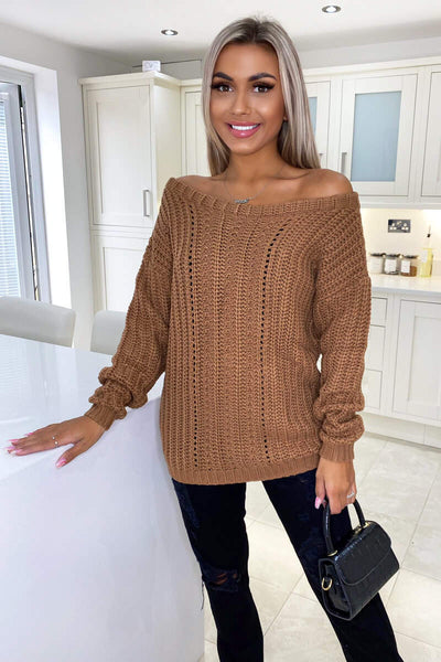 Camel Off The Shoulder Chunky Knit Jumper AX Paris