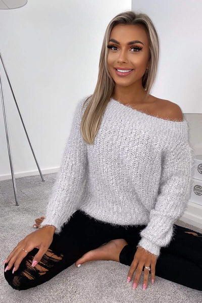 Silver Off The Shoulder Fluffy Jumper AX Paris