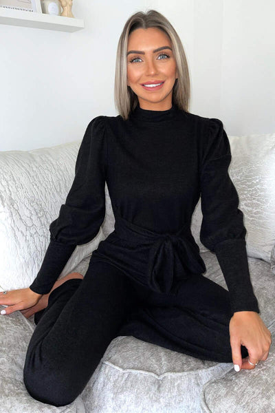 Saskia Silk Puff Sleeve Ribbed Lounge set - Black – GlamDoll Fashion