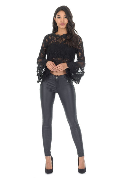 Perfectly Sheer Black Lace Sheer Button-Up Long Sleeve Top