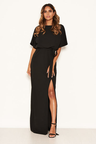 Black Maxi Dress Black Tie Waist Split Leg Maxi Dress AX Paris