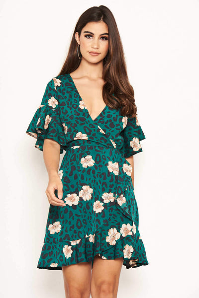 Green Leopard Print Wrap Dress AX Paris