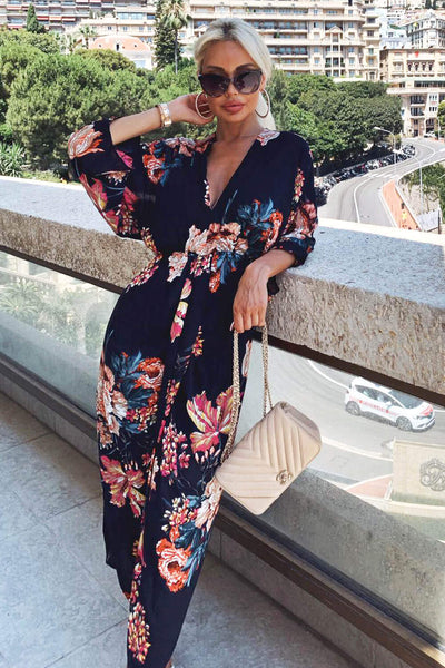 Navy Floral Kimono Sleeve Maxi Dress AX Paris