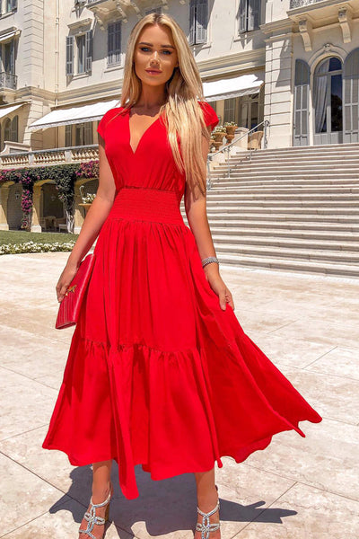 Red maxi hot sale dress outfit