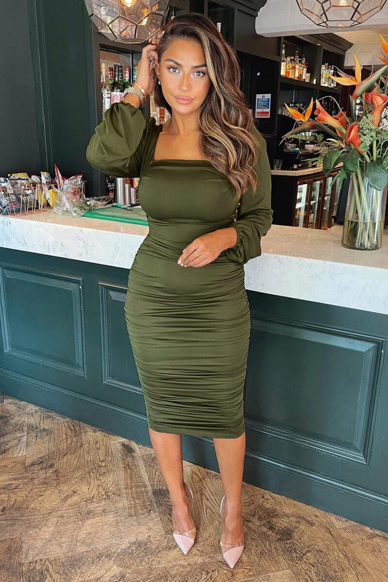 Olive Square Neck Ruched Midi Dress