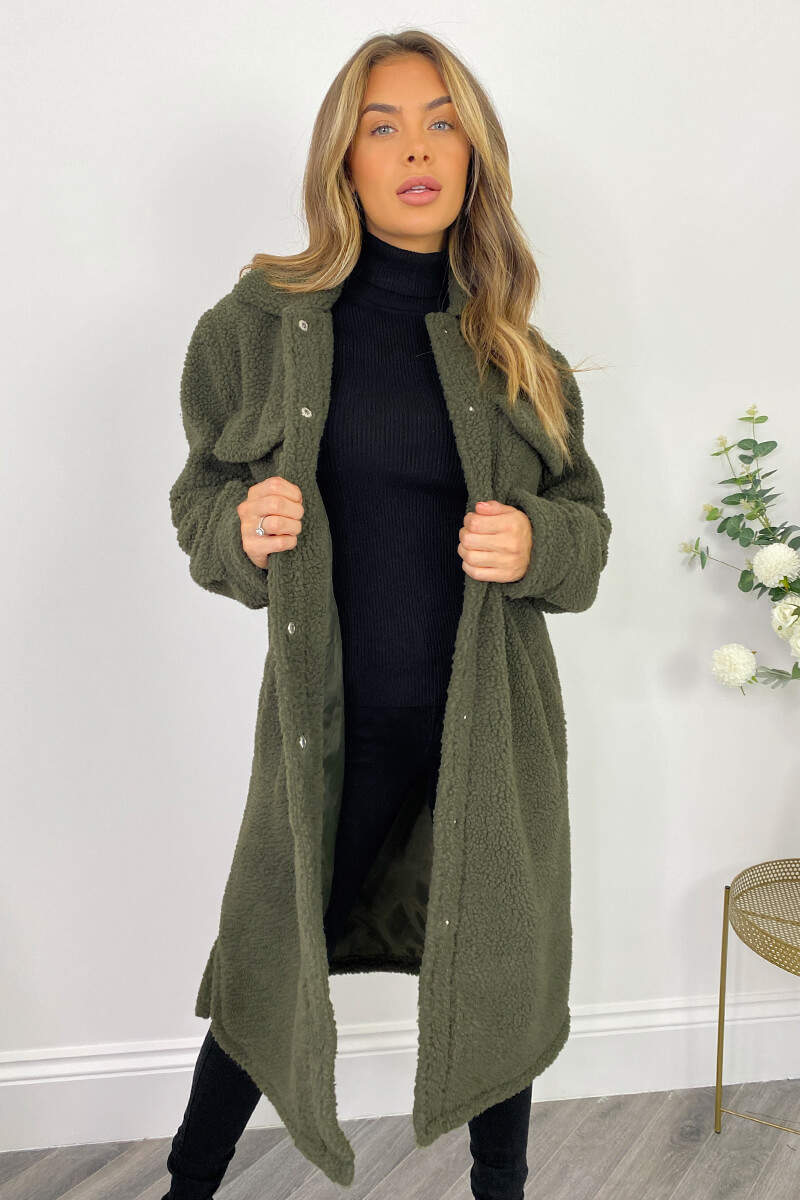 Khaki Oversized Teddy Faux Fur Front Pocket Coat