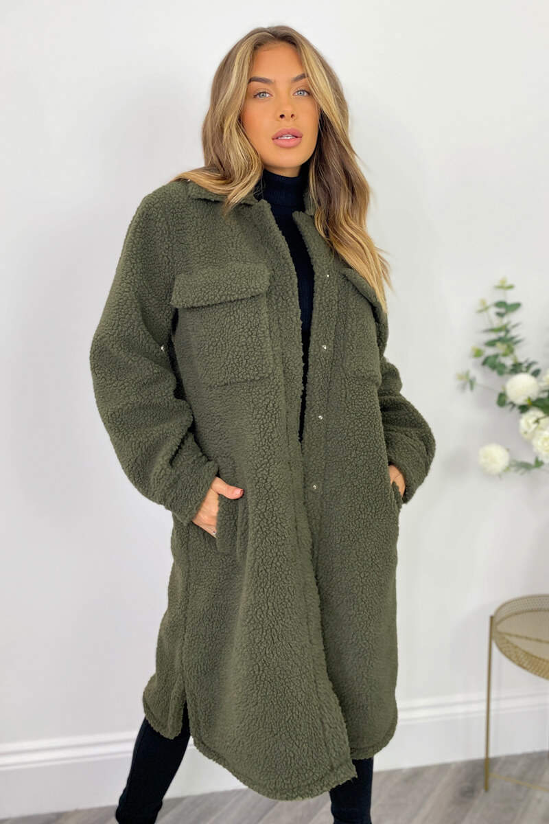 Khaki Oversized Teddy Faux Fur Front Pocket Coat