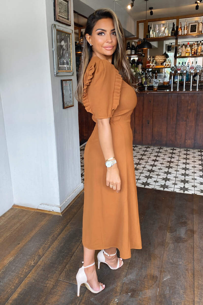 Tan Pleated Sleeve Split Leg Midi Dress