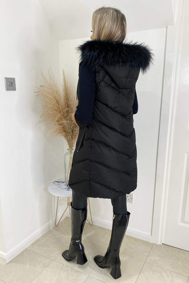 Black Faux Fur Hooded Gilet AX Paris