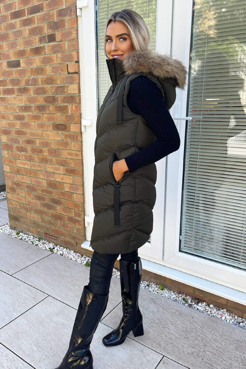 Khaki Faux Fur Hooded Gilet