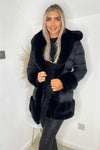 Black Faux Fur Trim Belted Jacket