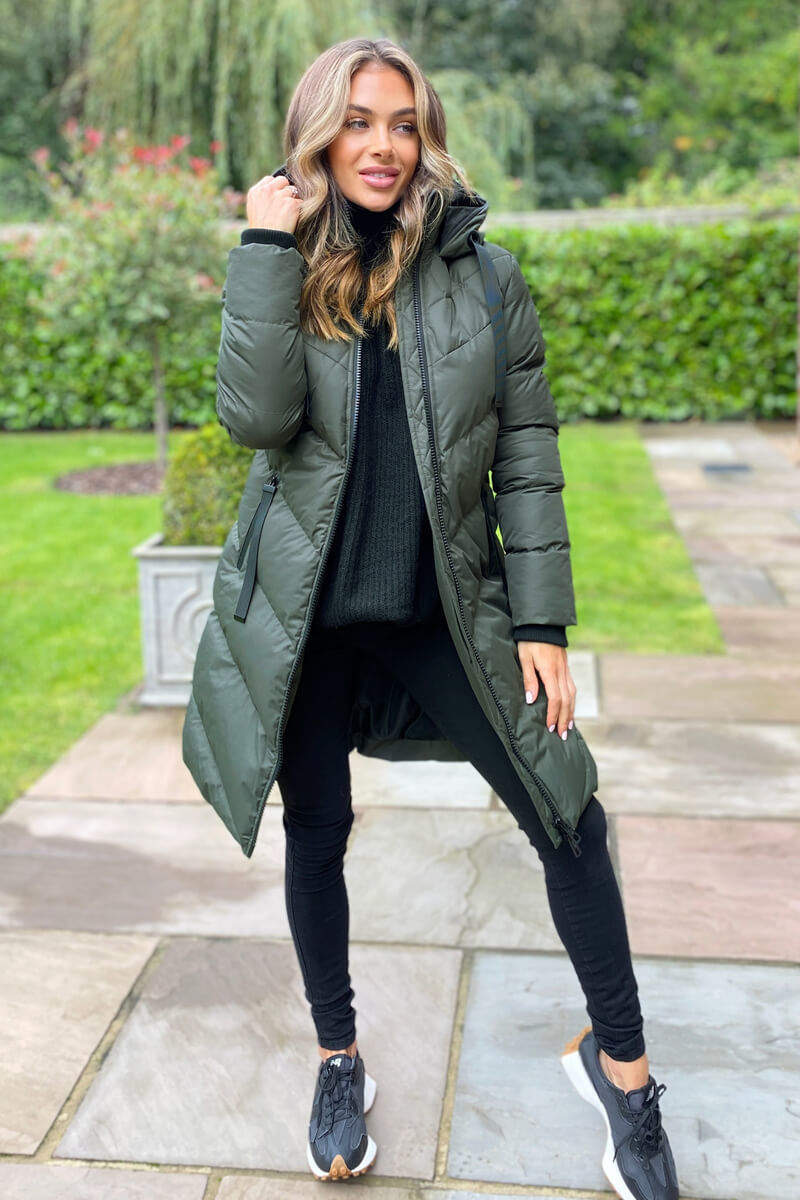 Khaki Long Line Padded Coat AX Paris