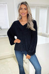 Black V-Neck Fluffy Knitted Jumper