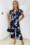 Navy Marble Print Wrap Over Frill Sleeve Jumpsuit