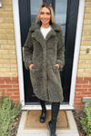 Khaki Long Line Teddy Faux Fur Coat