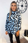 Blue Animal Print High Neck Long Sleeve Top