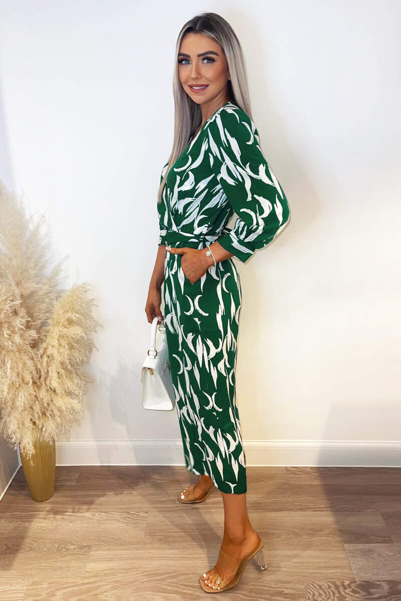 Green And White Printed Belted Jumpsuit AX Paris