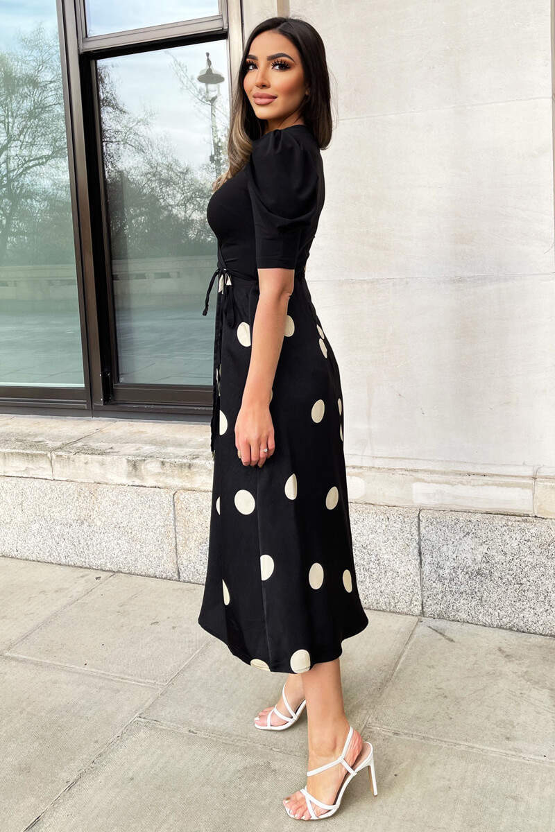 Black And Cream Polka Dot 2 in 1 Wrap Over Midi Dress