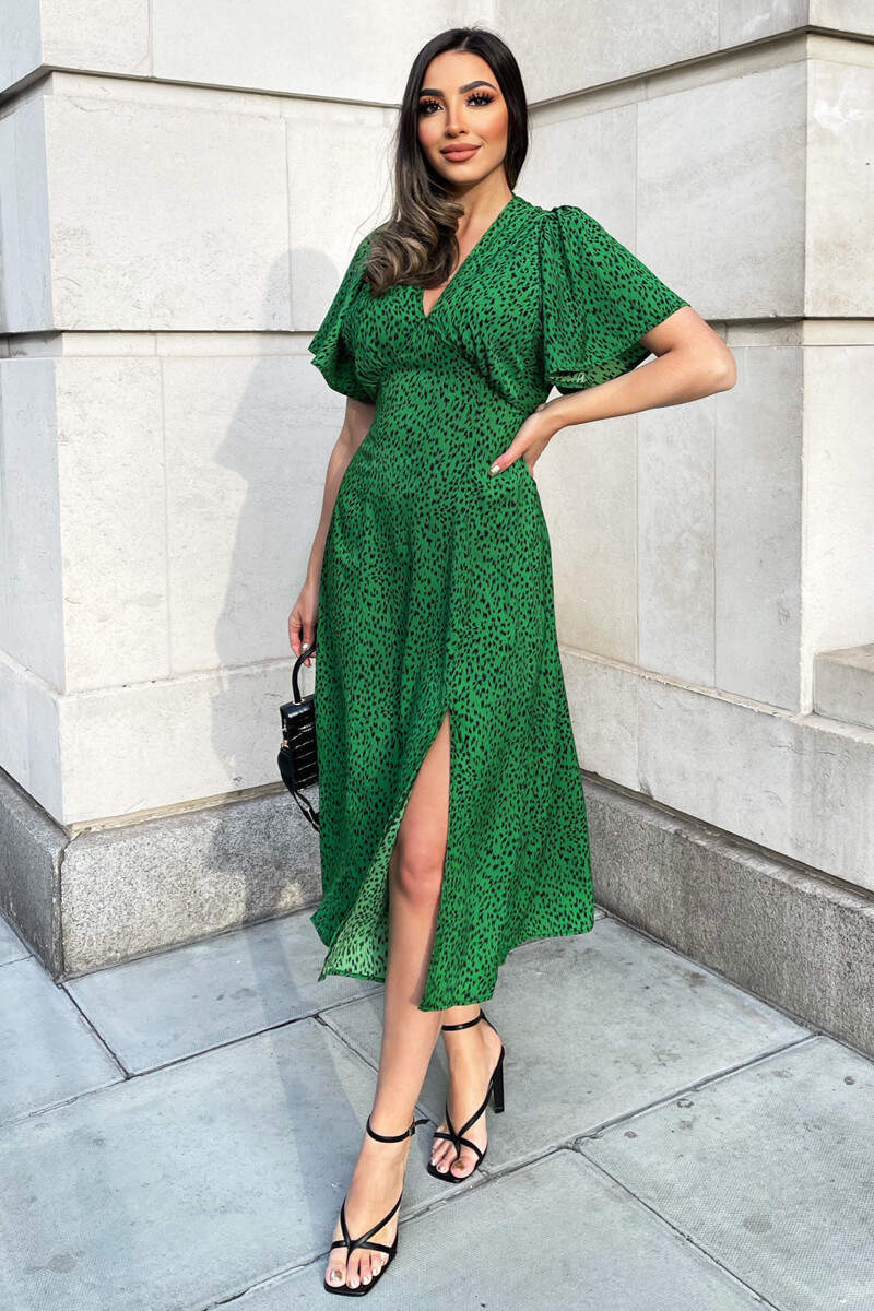 Green Printed V Neck Short Sleeve Midi Dress AX Paris