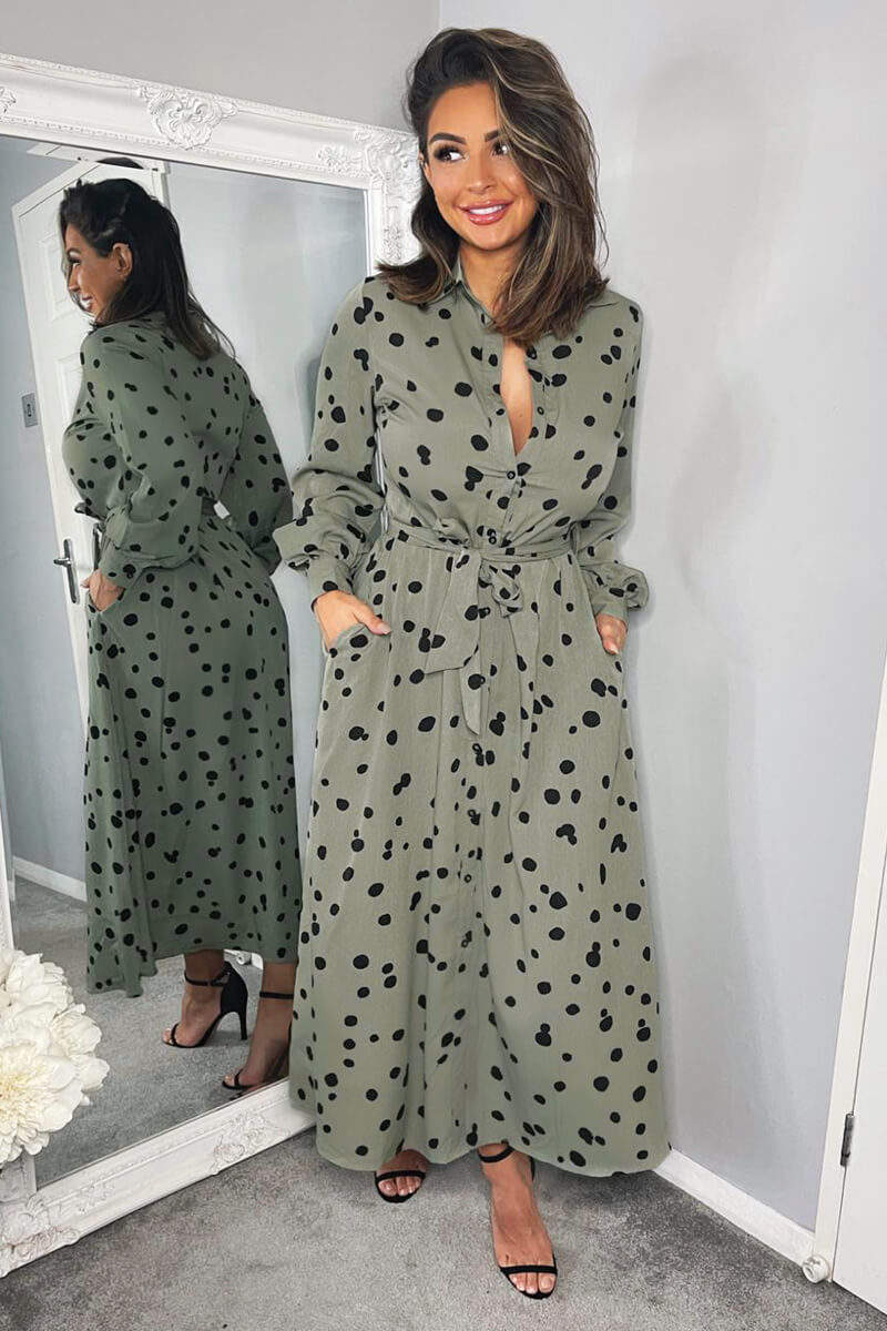 Khaki Printed Button Up Midi Shirt Dress AX Paris