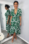 Green And White Printed Wrap Side Tie Midi Dress