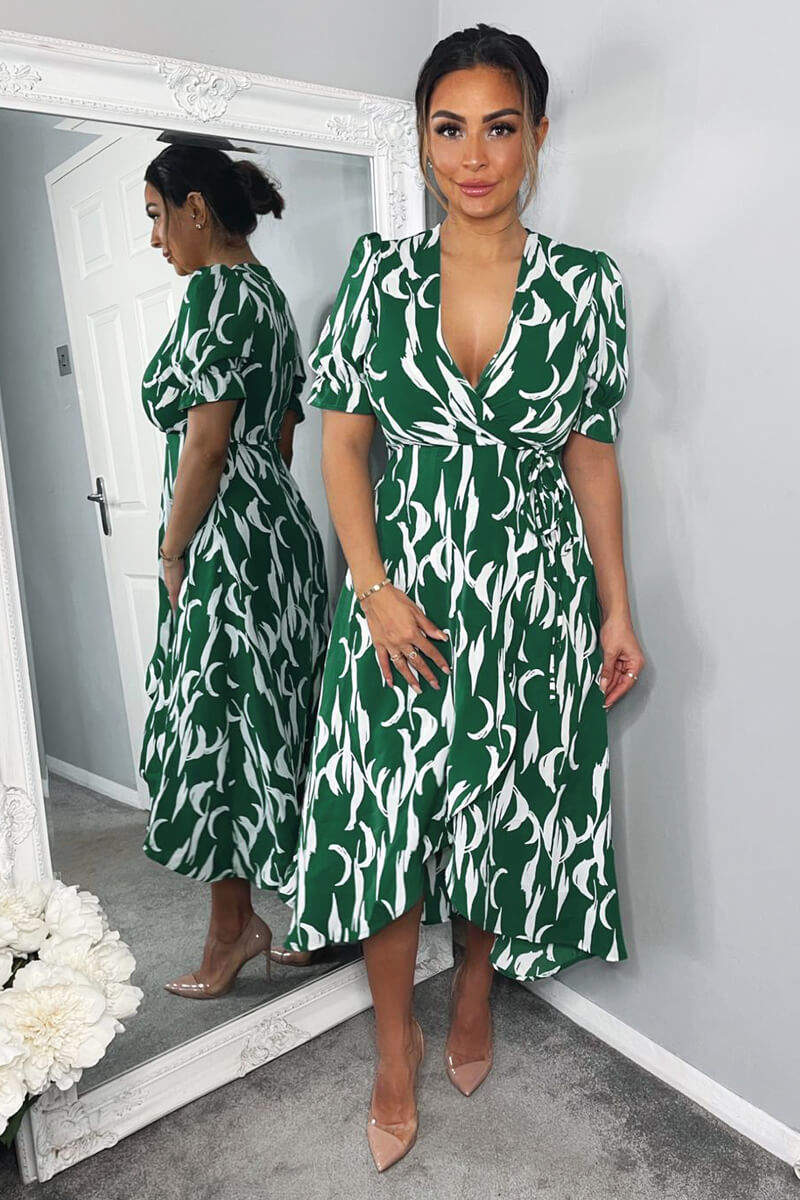 Green And White Printed Wrap Side Tie Midi Dress