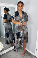 Navy Animal Print Patchwork Wrap Midi Dress