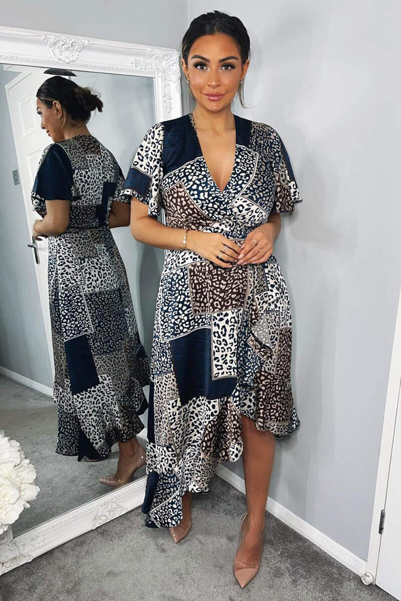 Navy Animal Print Patchwork Wrap Midi Dress