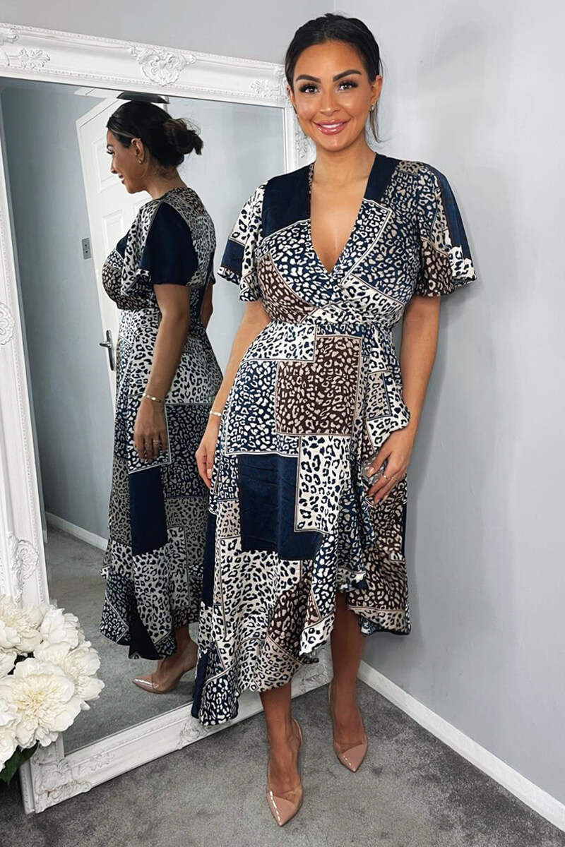 Navy Animal Print Patchwork Wrap Midi Dress