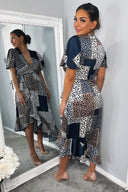 Navy Animal Print Patchwork Wrap Midi Dress