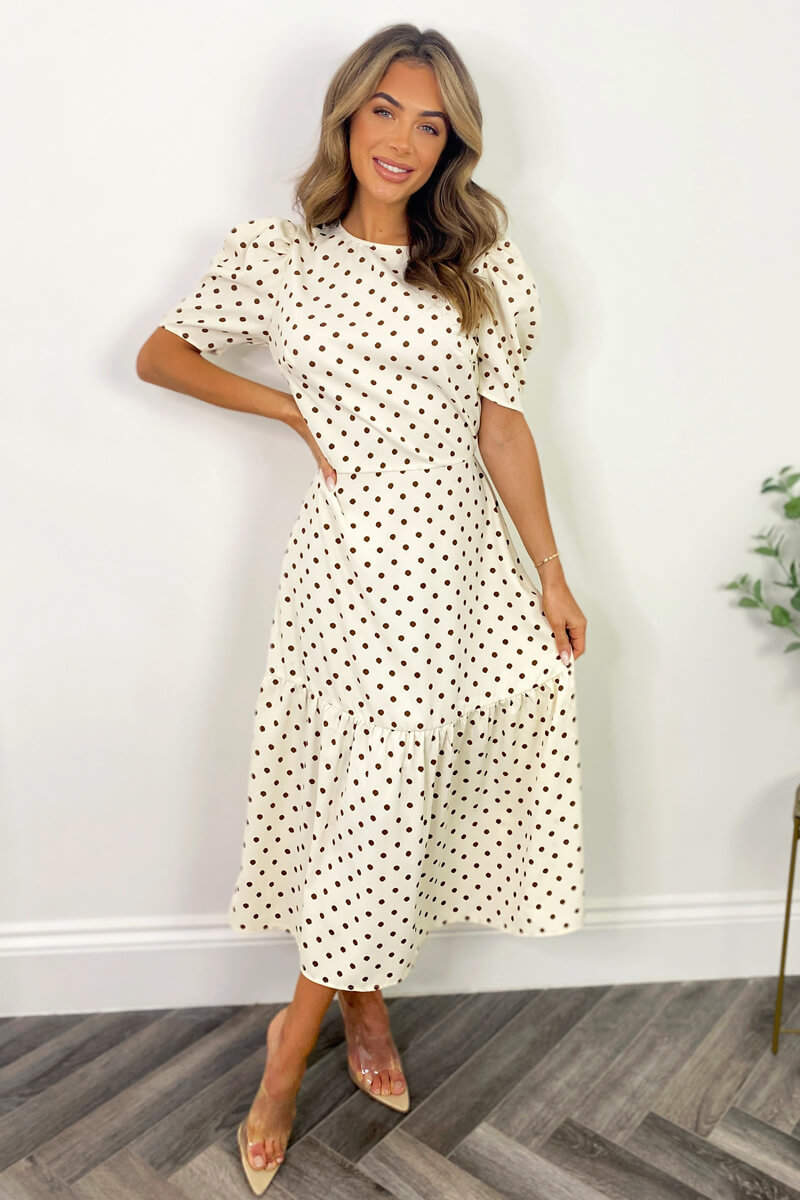 Cream And Brown Polka Dot Midi Smock Dress AX Paris