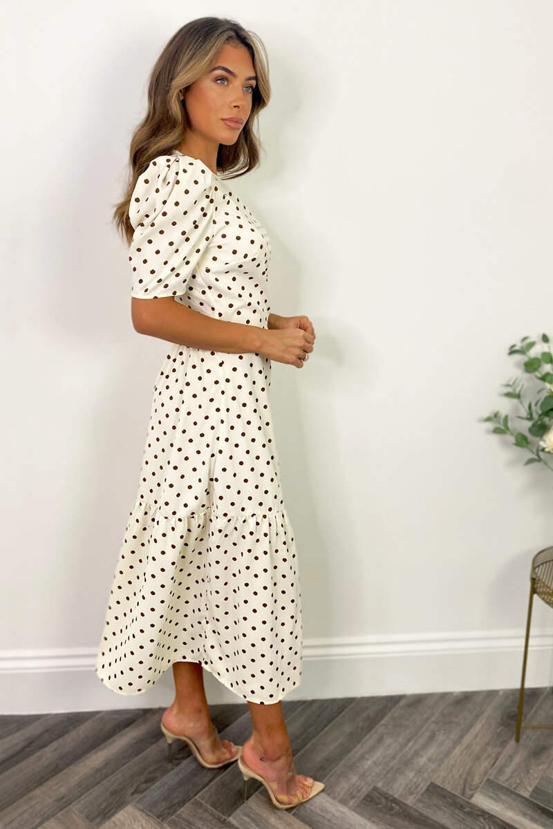 Cream And Brown Polka Dot Midi Smock Dress