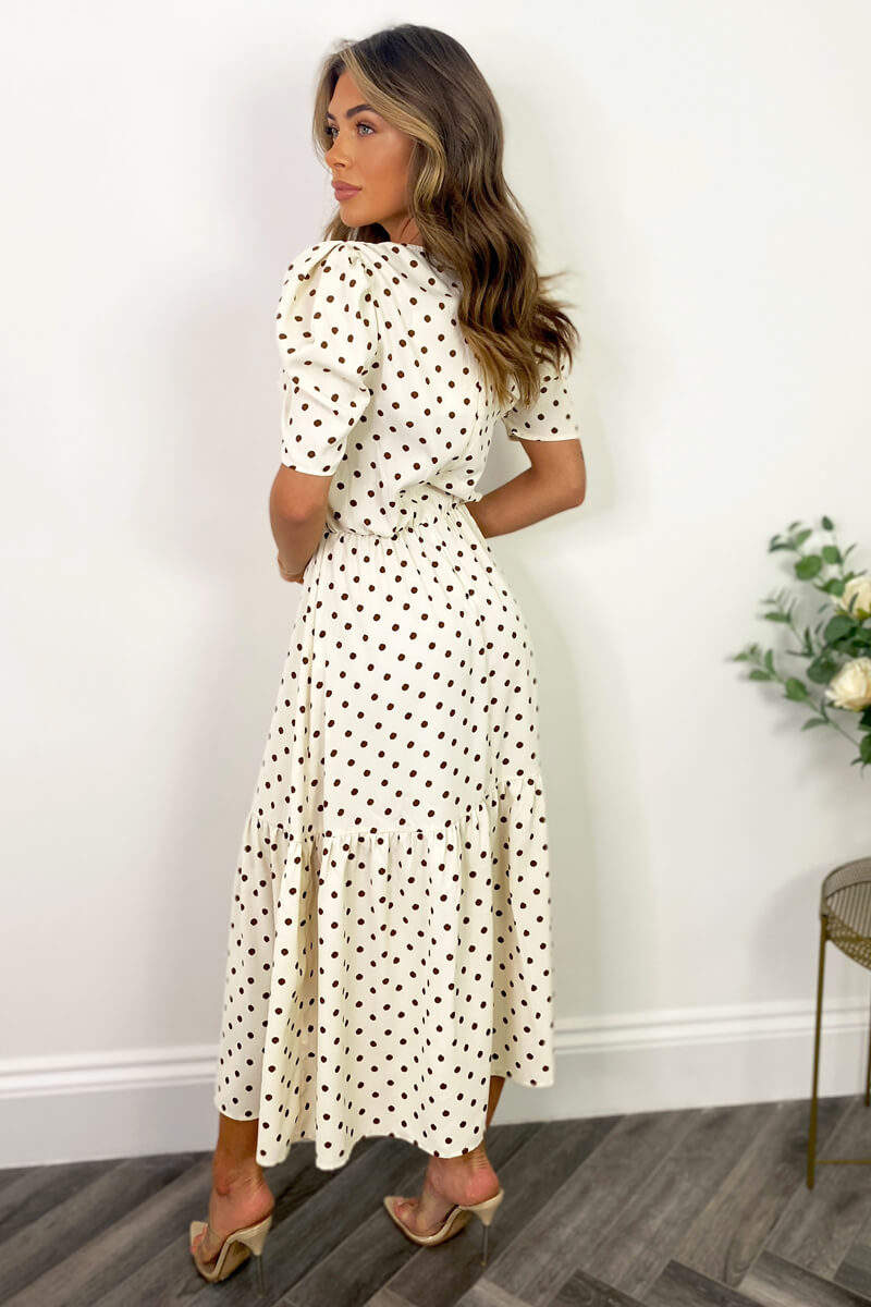 Cream And Brown Polka Dot Midi Smock Dress