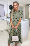 Khaki Polka Dot Short Sleeve Tiered Midi Dress