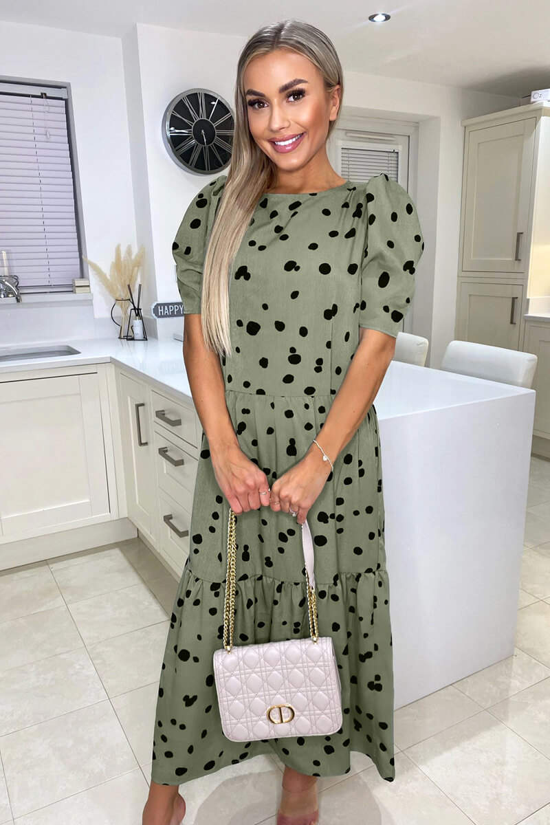 Khaki Polka Dot Short Sleeve Tiered Midi Dress