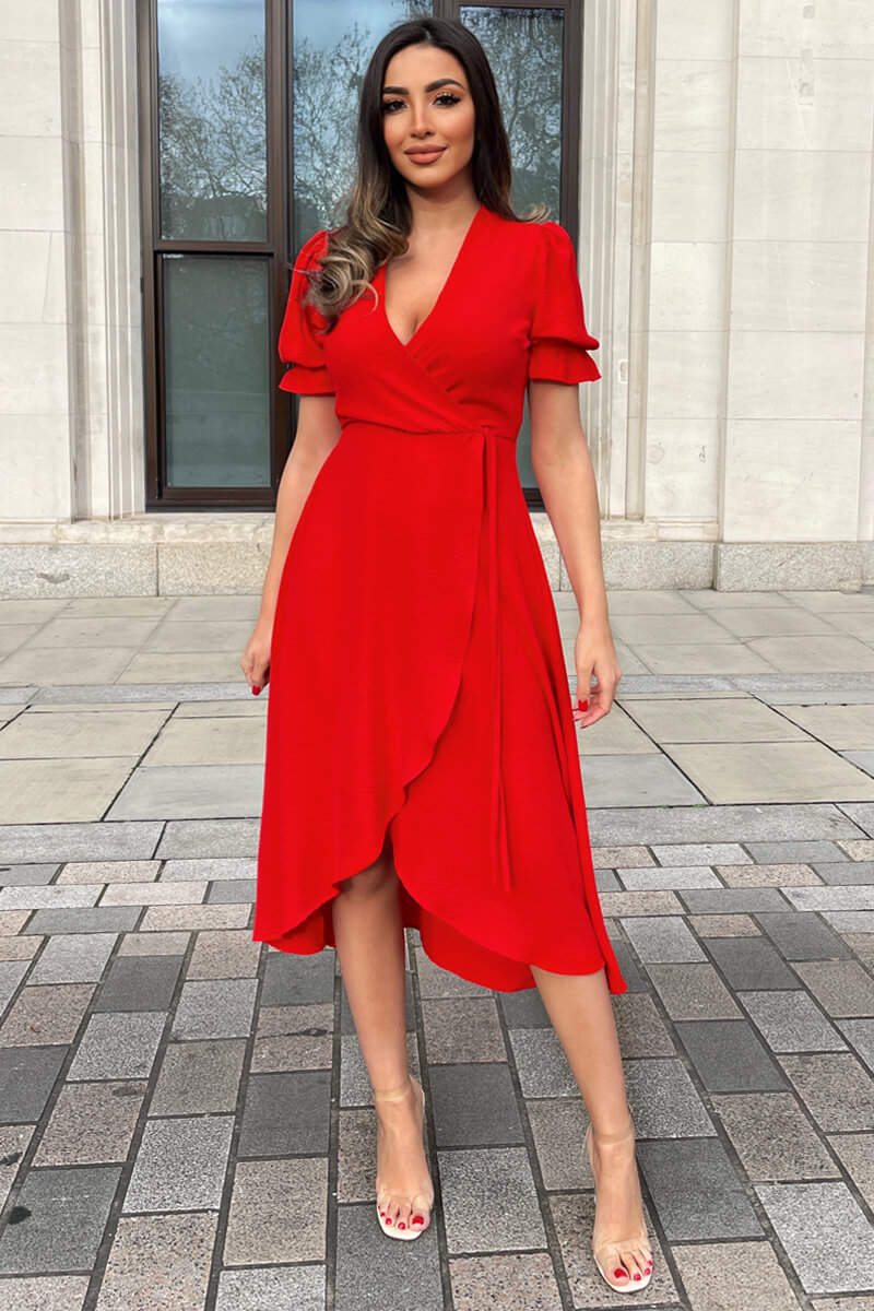 Red Wrap Side Tie Midi Dress