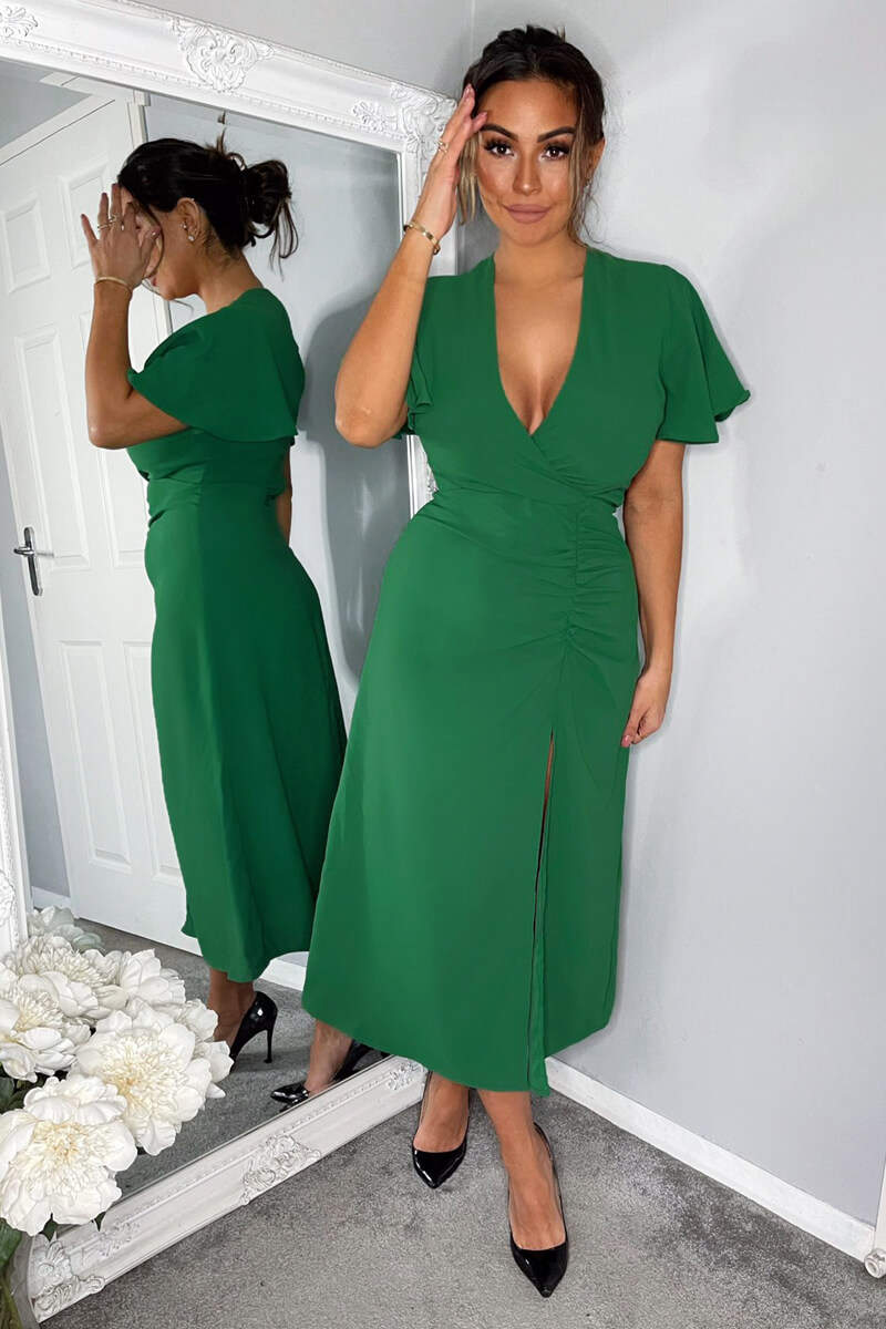 Green Ruched Split Leg Midi Dress