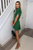 Green Printed Puff Sleeve Pleated Mini Dress