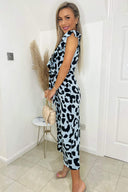 Blue Animal Print Frill Front Jumpsuit