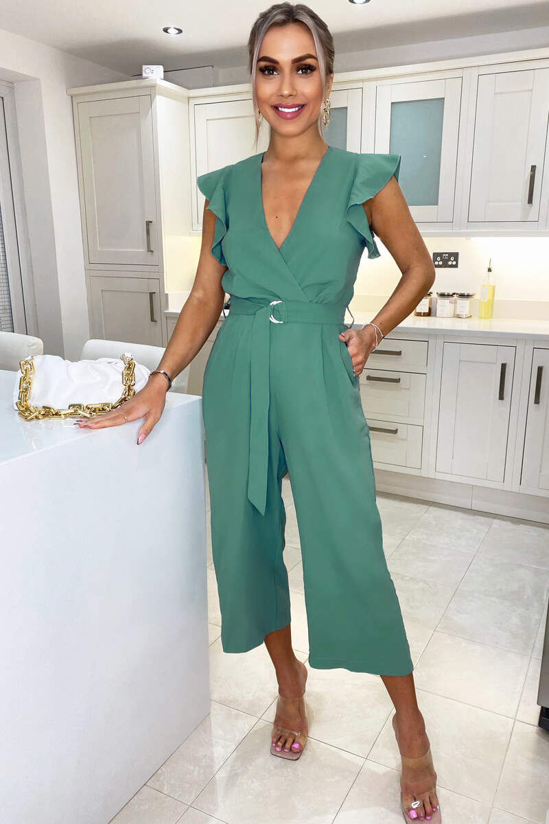 Duck Egg Wrap Front Belted Jumpsuit