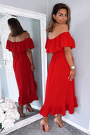 Red Bardot Style Midi Dress