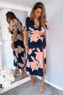 Navy And Blush Floral Print Bell Sleeve Midi Dress