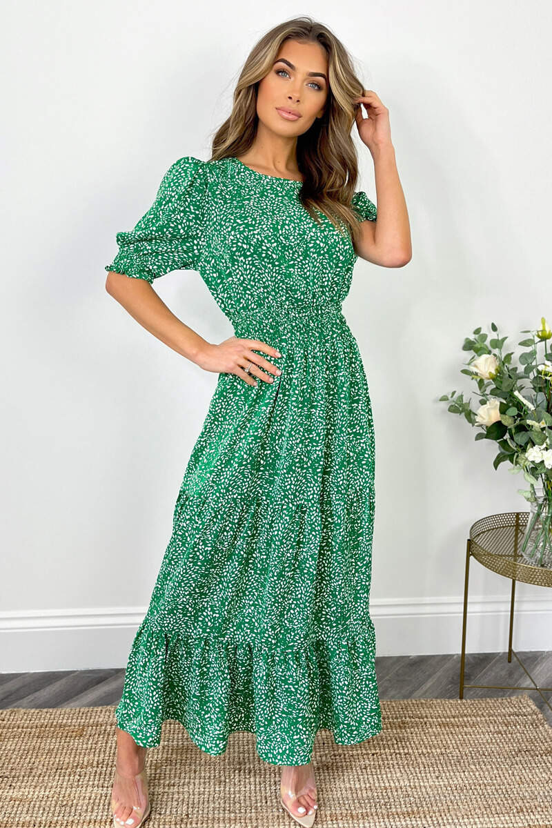 Green And White Printed Shirred Waist Smock Dress